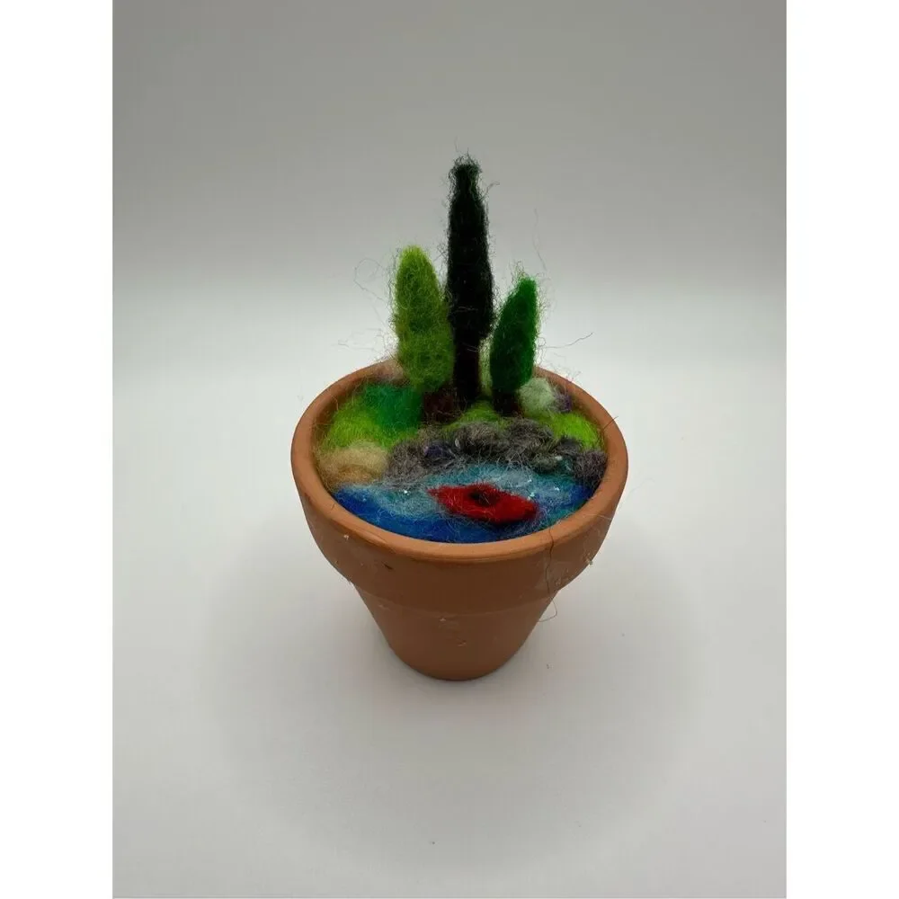 2 in pot Needle Felted 3D Landscape Art, kayak, Pine tree, river, MADE TO ORDER
